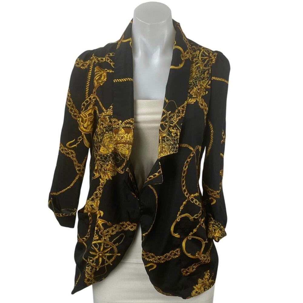 One Way Black Gold Graphic Print 3/4 Sleeve Single Breasted Blazer Coat Jacket S